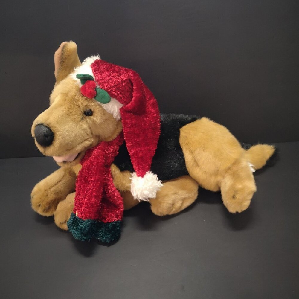 German Shepard Tan & Black Laying Stuffed Plush w/ Hat & Scarf Airbrushed 18"